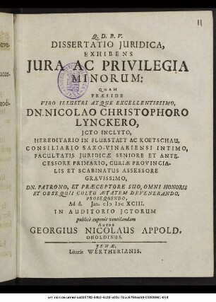 Dissertatio Iuridica, Exhibens Iura Ac Privilegia Minorum