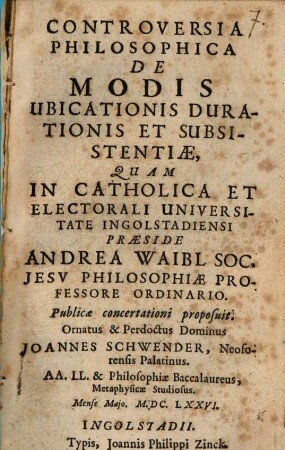 Controversia Philosophica De Modis Ubicationis Durationis Et Subsistentiae