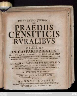 Dispvtatio Jvridica De Praediis Censiticis Rvralibvs