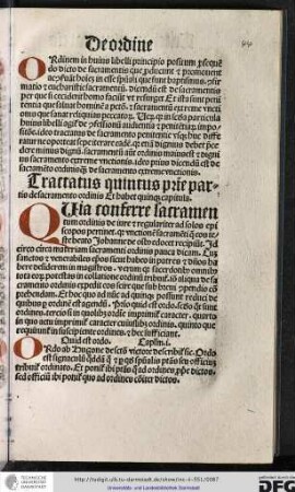Tractatus quintus prime partis de sacramento ordinis. Et habet quinque capitula.