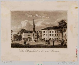 Das Königliche Postgebäude auf dem Postplatz (ehem. Wilsdruffer Platz), an der Nordseite des Antonplatzes, mit dem Cholerabrunnen 1846 fertiggestellt, Blick nach Südosten