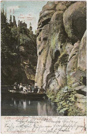 Hrensko (Herrnskretschen)-Soutesky Kamenice (Kamnitzklammen). Edmundsklamm, Bootsfahrt, kolorierte Ansichtskarte