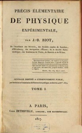 Précis élémentaire de Physique expérimentale, 1