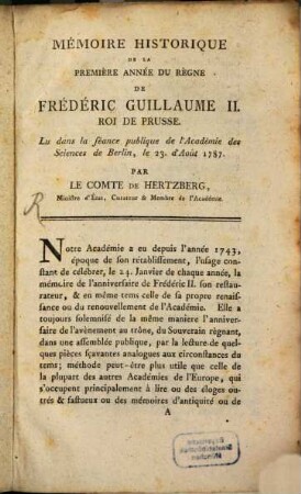 Mémoire Historique De La Première Année Du Règne De Frédéric Guillaume II. Roi De Prusse