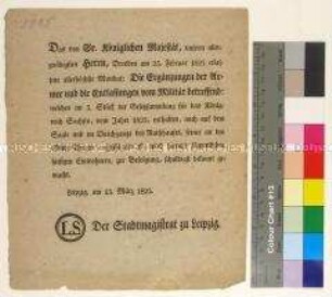 Bekanntmachung des Magistrates der Stadt Leipzig über das Mandat von Friedrich August I. König von Sachsen betreffend die Rekrutierung und Entlassung von Soldaten