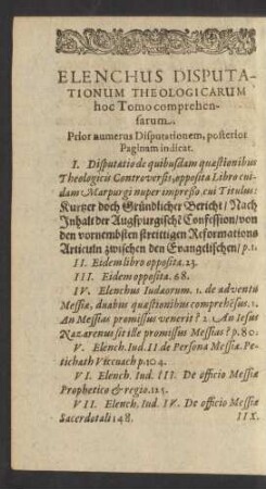 Elenchus Disputationum Theologicarum hoc Tomo comprehensarum.