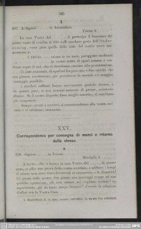 XXV. Corrispondenza per consegna di merci e ritorno delle stesse