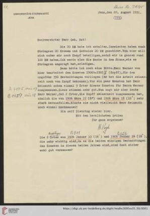 Briefe von Heinrich Vogt an Max Wolf: Brief von Heinrich Vogt an Max Wolf