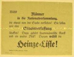 Wahlaufruf zur Unterstützung der Liste Heinze bei der Wahl zur verfassungsgebenden Nationalversammlung