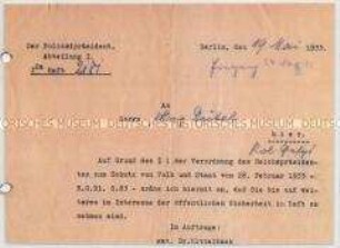 Schreiben des Polizeipräsidenten mit der Anordnung einer Inhaftierung (Schutzhaft)
