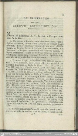 De Plutarcho Eiusque Scriptis, Editionibus Cet.