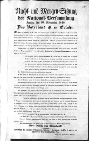 Nacht= und Morgen=Sitzung der National=Versammlung Freitag den 10. November 1848. Das Vaterland ist in Gefahr! (Sammlung Friedlaender)