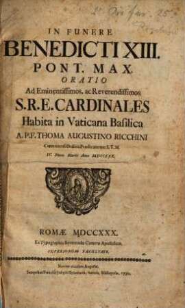 In Funere Benedicti XIII. Pont. Max. Oratio