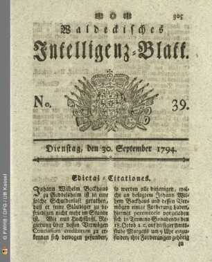 No. 39. Dienstag, den 30. September 1794