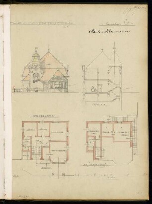 Brückenwärterhaus Monatskonkurrenz Dezember 1900: Grundriss Keller, Erdgeschoss, Aufriss Vorderansicht, Querschnitt 1:100; Maßstabsleiste