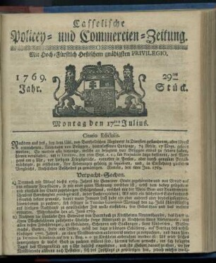 29tes Stueck, Montag den 17ten Julius 1769