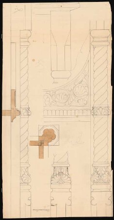 Stiftskirche, Marienborn Umbau: Orgel: gedrehte Säulen des Gehäuses, Ansicht, Schnitt, Details 1:1?