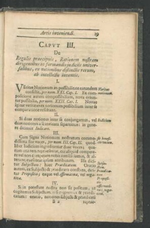 Caput III. De Regulis praecipuis, Rationem nostram dirigentibus in formandis judiciis universalibus, ex notionibus distinctis rerum, ab intellectu inventis.