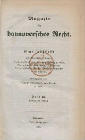 3.1853: Magazin für hannoversches Recht