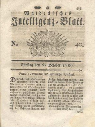 No. 40, Dinstag den 6ten October 1789