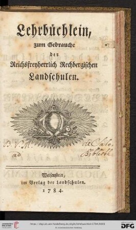Lehrbüchlein, zum Gebrauche der Reichsfreyherrlich Rechbergischen Landschulen