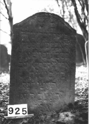 Grabstein 925 (Index: 99899419) Material: Sandstein Zustand: etwas angewittert Maße HxBxT: 90x58x9 cm Beschreibung: Stele mit Konvexbogenabschluss: Grabstein 925