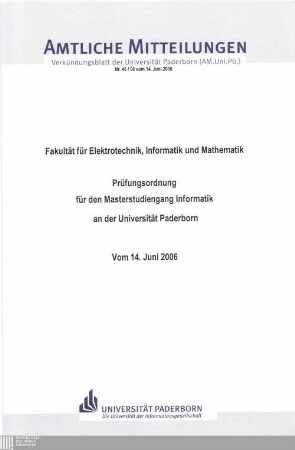 Prüfungsordnung für den Masterstudiengang Informatik an der Universität Paderborn : vom 14. Juni 2006