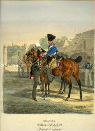 Uniformdarstellung, Feldjäger zu Pferd, Preußen, 1838/1843. Aus: Eckert/Monten: Das deutsche Bundesheer. Tafel 34.