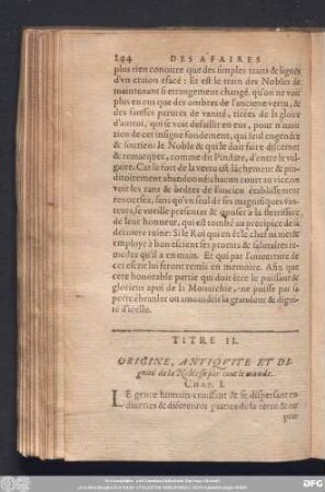 Titre II. Origine, Antiquite Et Dignité de la Noblesse par tout le monde.