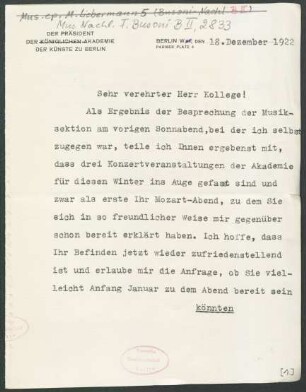 Brief an Ferruccio Busoni : 18.12.1922