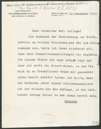 Brief an Ferruccio Busoni : 18.12.1922