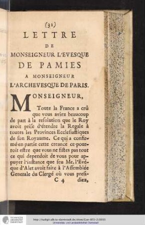 LETTRE DE MONSEIGNEUR L'EVESQUE DE PAMIES A MONSEIGNEUR L'ARCHEVESQUE DE PARIS.
