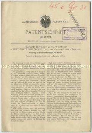 Patentschrift einer Neuerung an Bindevorrichtungen für Garben, Patent-Nr. 52021