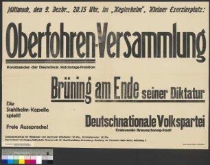 Plakat zu einer öffentlichen Parteiversammlung der DNVP am 9. Dezember 1931 in Braunschweig