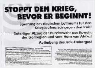 Maueranschlag mit einem Demonstrationsaufruf gegen den drohenden Krieg im Irak