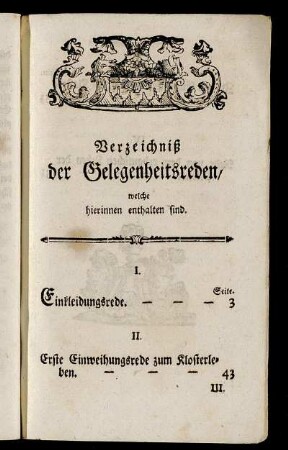 Verzeichniß der Gelegenheitsreden, welche hierinnen enthalten sind.