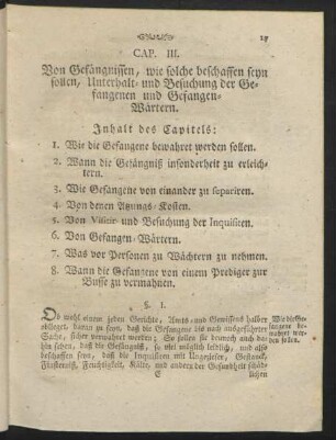 Cap. III. Von Gefängnisse, wie solche beschaffen seyn sollen, Unterhalt- und Besuchung der Gefangenen und Gefangenen-Wärtern