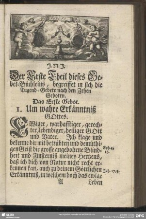 Der Erste Theil dieses Gebet-Büchleins , begreiffet in sich die Tugend-Gebete nach den Zehen Geboten