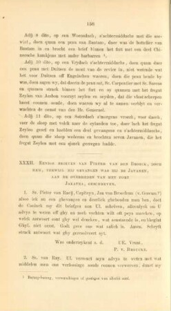 XXXII. Eenige brieven van Pieter van den Broeck, door hem, terwijl hij gevangen was bij de Javanem, aan de overheden van het fort Jakarta, geschreven