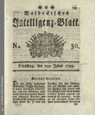 No. 30. Dienstag, den 23ten Julius 1793