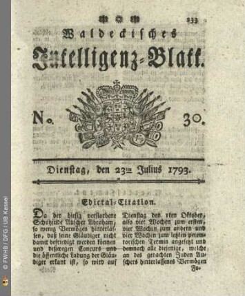 No. 30. Dienstag, den 23ten Julius 1793