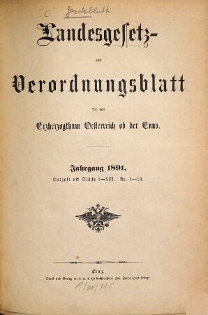 Landesgesetz- und Verordnungsblatt für Oberösterreich. 1891, 1891