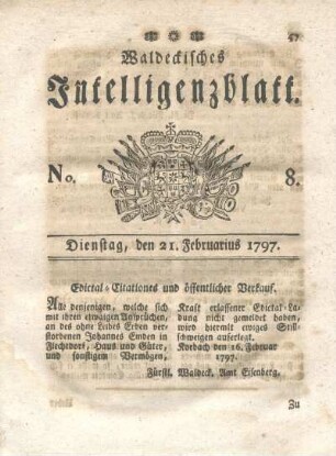 No. 8, Dienstag, den 21. Februarius 1797