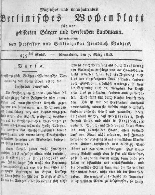 479stes Stück, Sonnabend den 7. März 1818