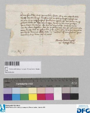 Diether (IV.) Kemmerer, Vitztum zu Aschaffenburg, sagt im Namen seines Herrn von Mainz der Nürnberger Kaufmannschaft zur Frankfurter Herbstmesse sicheres Geleit zu.