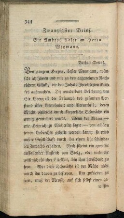 Zwanzigster Brief. Sir Ambros Adler an Herrn Weymann.