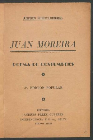 Juan Moreira : poema de costumbres