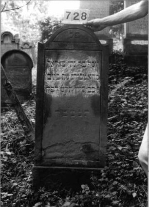Grabstein 728 (Index: 99802162) Material: Sandstein Zustand: Sockel verwittert Maße HxBxT: 125x51x10 cm Beschreibung: Sockel, Stele mit Karniesbogen und profiliertem Rand: Grabstein 728