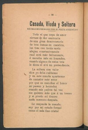 Casada, viuda y soltera : Décimas reformadas por el poeta argentino