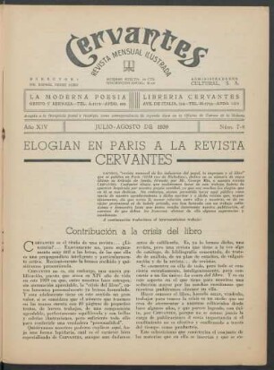 Elogian en París a la revista Cervantes : Contribución a la crisis del libro. [Artículo tomado del "Papyrus" de París]